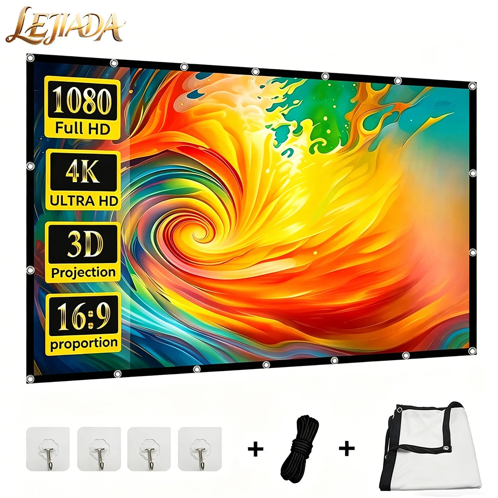 Portable 16:9 Projector Screen – Wrinkle-Free High-Density Fabric with Black Border | Home Theater